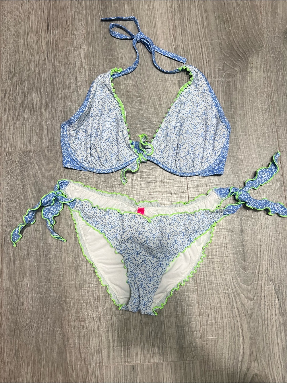 Victoria's Secret Blue & White Paisley Bikini with Neon Lime Trim